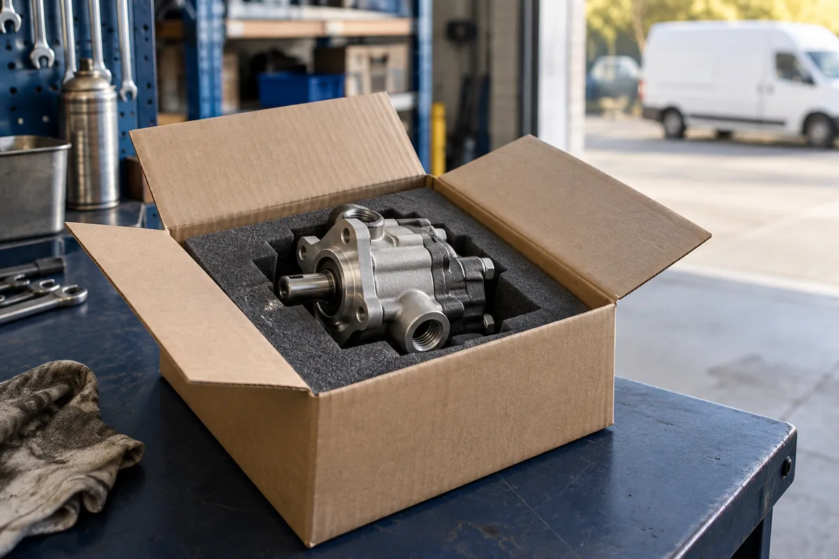 A replacement mechanical part protected by foam inside a dispatch carton.